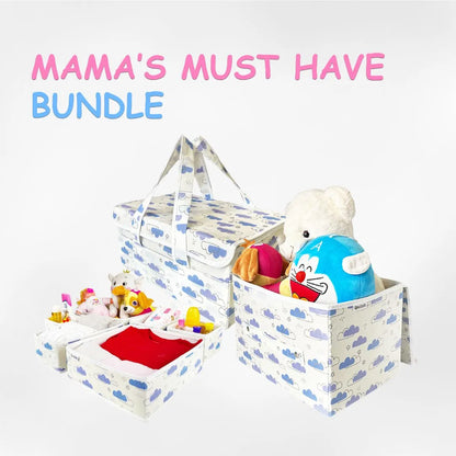 Cloud print diaper bag, storage boxes and drawer organizers filled with toys and baby products