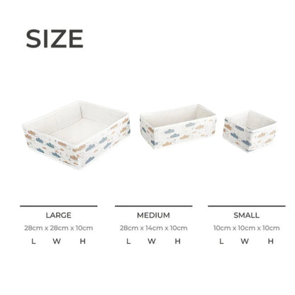 Size chart showing large, medium, and small boxes of Qoolish baby drawer organizer set with measurements