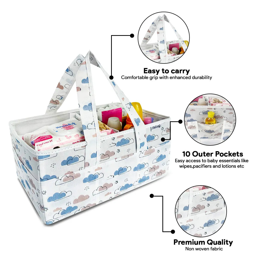 Spacious diaper organizer bag perfect for storing wipes, bottles, toys, and baby essentials.

