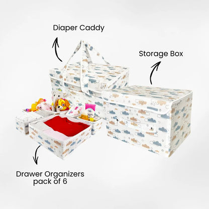 Neutral wave print diaper caddy, drawer organizer and storage box for newborn nursery organization