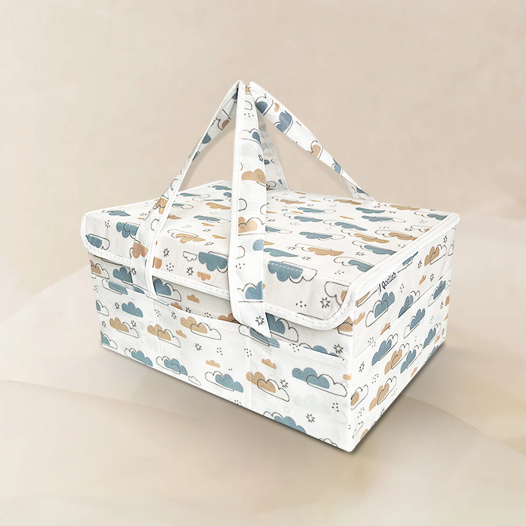 Diaper Caddy with Lid- Dreamy Clouds Warm Neutral tones