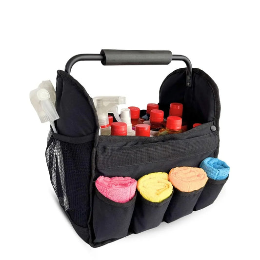 Portable black car caddy with handle and tool pockets by Qoolish
