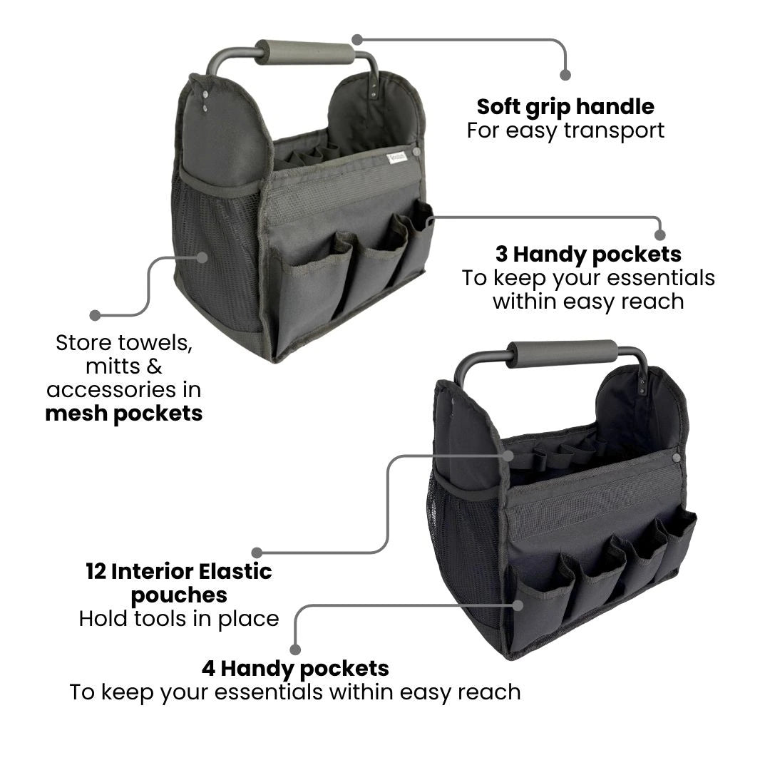 Compact black car storage caddy for tools, cleaning supplies, and accessories