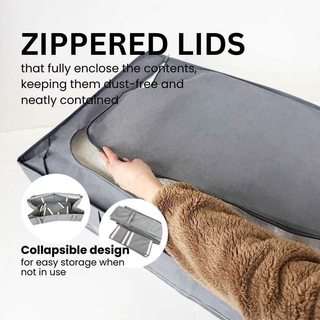 Large underbed storage bag for storing blankets, quilts, and seasonal clothes.