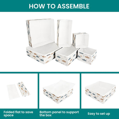 Multi-size organizer boxes for home storage with soft cloud print design