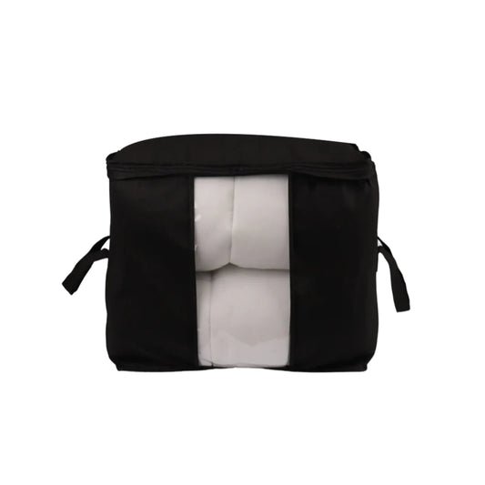 Black large storage bag with zipper, handles, and transparent front — perfect for quilts, clothes, and underbed storage in Pakistani homes.