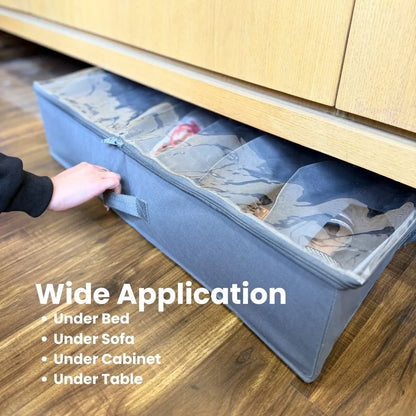 Foldable grey underbed shoe organizer designed for compact storage spaces.

