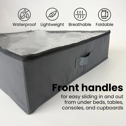 Underbed shoe storage organizer with transparent zippered cover for easy visibility.

