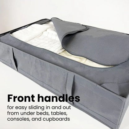 Dustproof underbed organizer protecting clothes and bedding from dirt and moisture.