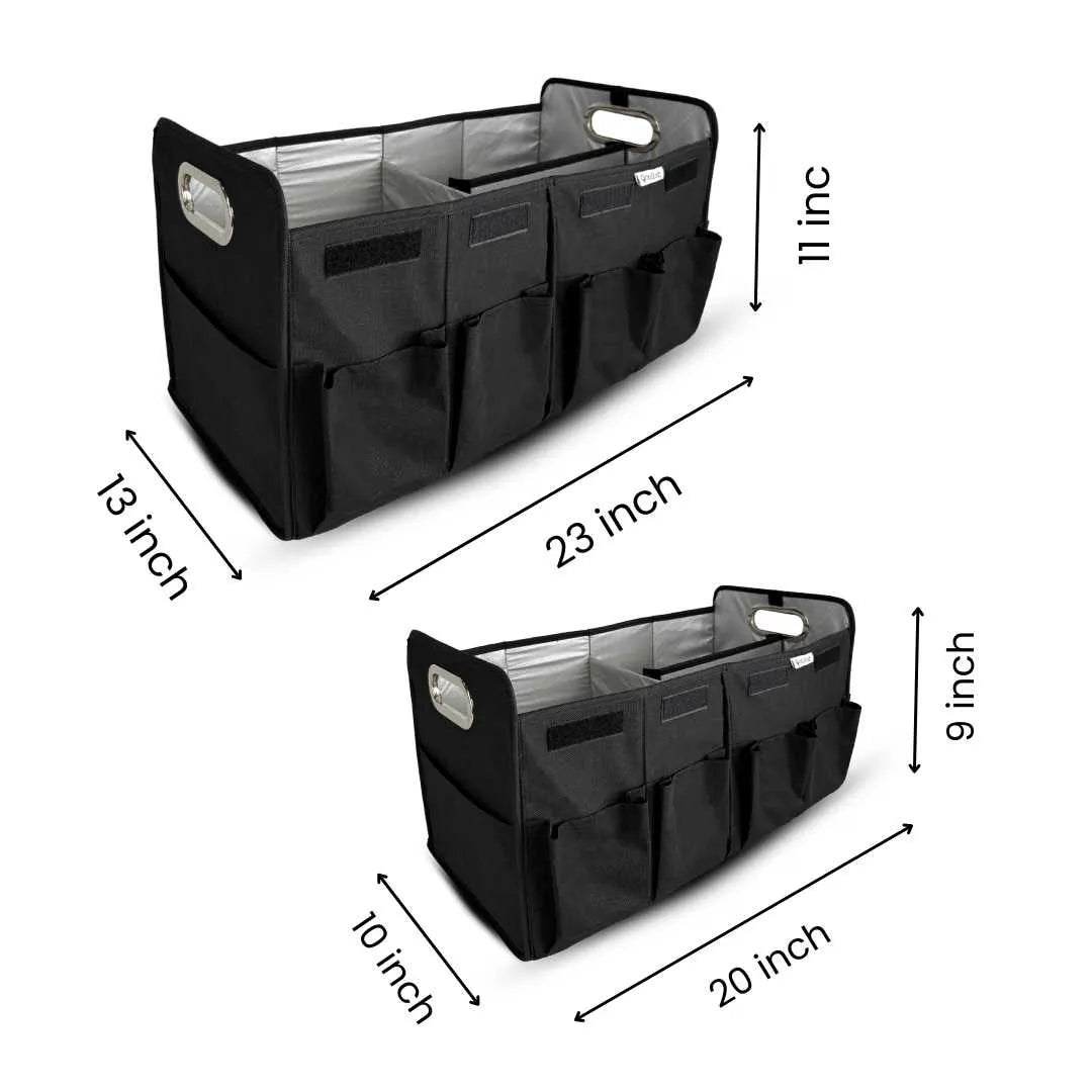 Durable car trunk storage box with handle and front pockets in black color