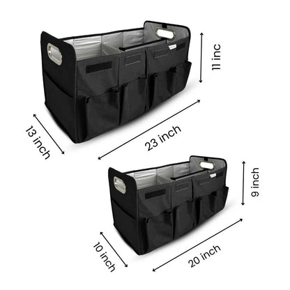 Durable car trunk storage box with handle and front pockets in black color