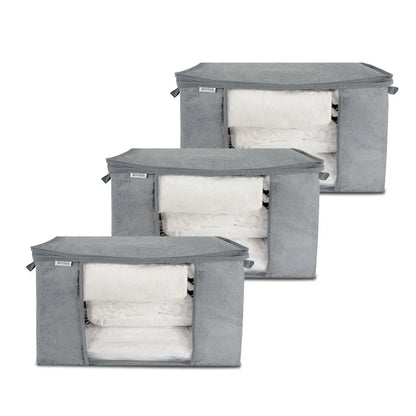 Set of 3 grey printed horizontal storage bags with handles, ideal for underbed storage of clothes, bedding, and linens.