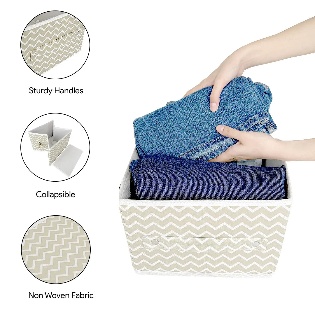 Foldable White Stripe Clothes Organizer featuring secure sturdy handles – ideal for long-term clothes storage