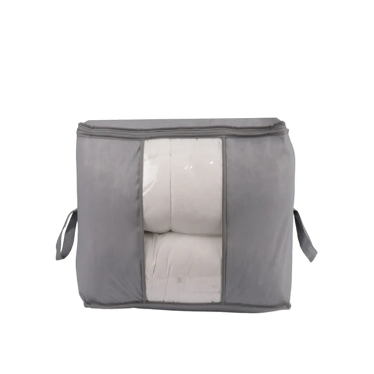 Grey large storage bag with zipper, handles, and transparent front — perfect for quilts, clothes, and underbed storage in Pakistani homes.