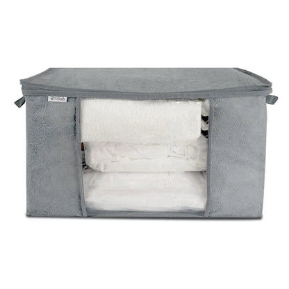 printed horizontal storage bags with handles, ideal for underbed storage of clothes, bedding, and linens.