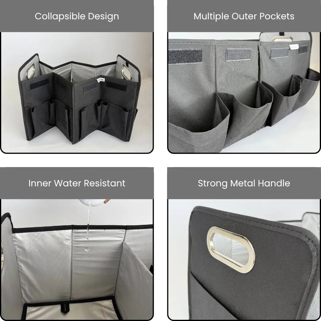 Multipurpose car trunk organizer for SUVs and sedans in premium black fabric