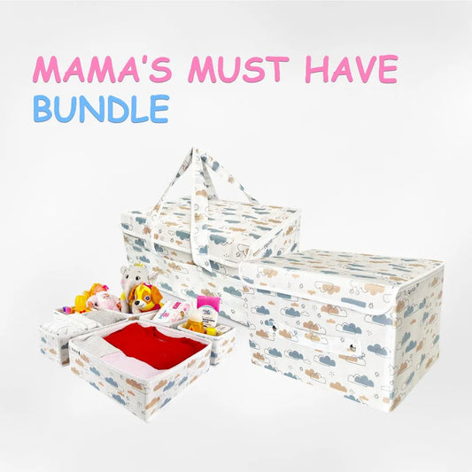 Neutral toned baby clothes organizer bundle with diaper caddy and organizer boxes