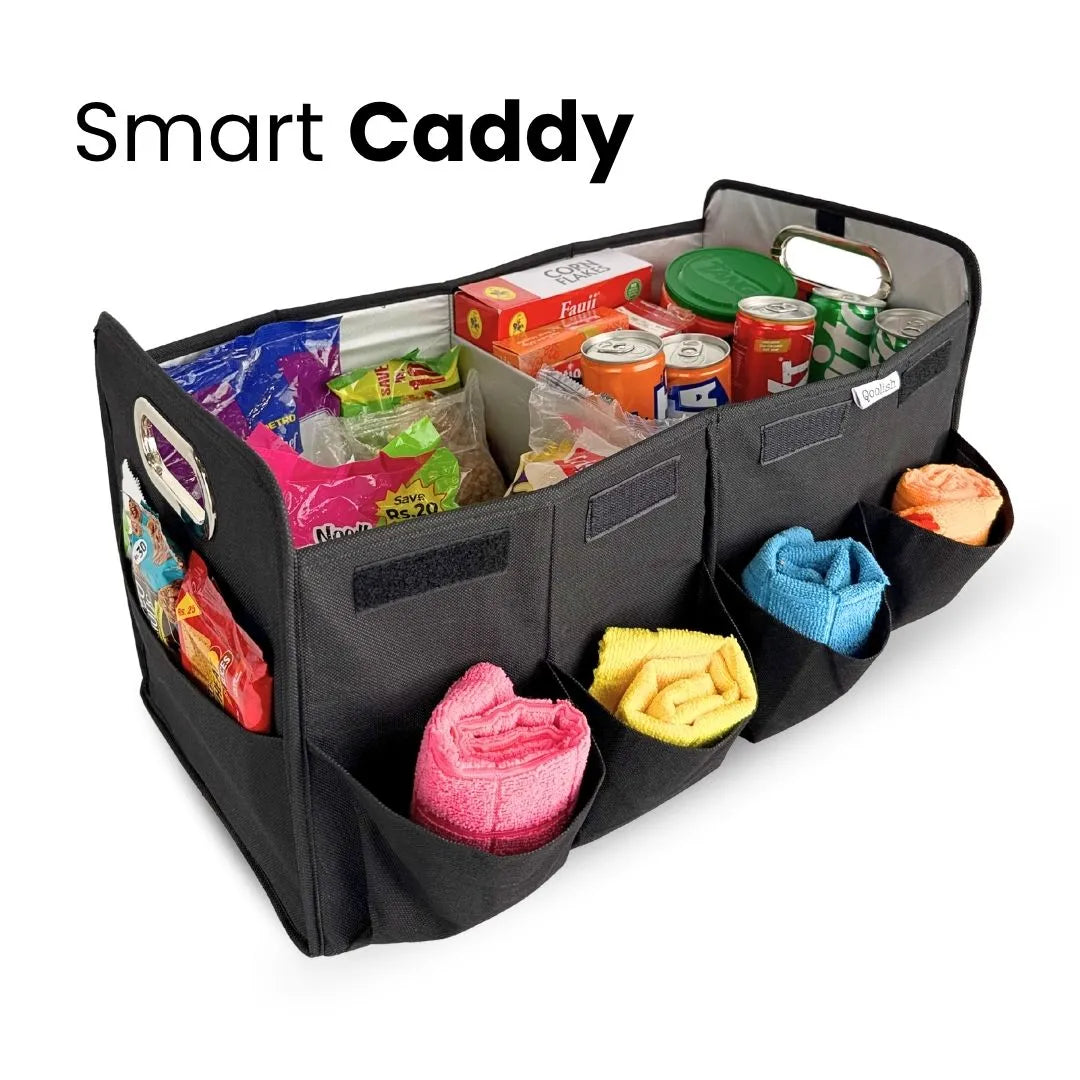 Qoolish black trunk caddy with sturdy handles and spacious storage sections