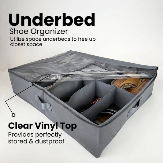 Top view of Qoolish underbed shoe organizer showcasing compartments for shoes.

