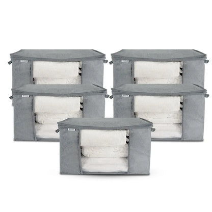 Set of 5 grey printed horizontal storage bags with handles, ideal for underbed storage of clothes, bedding, and linens.