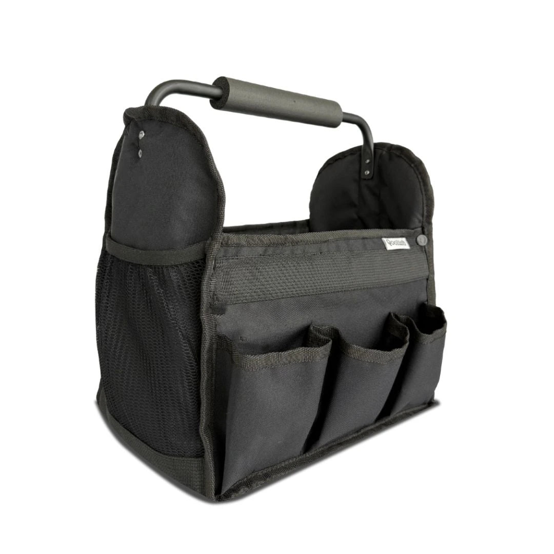 Black portable car caddy with handle and exterior tool pockets by Qoolish