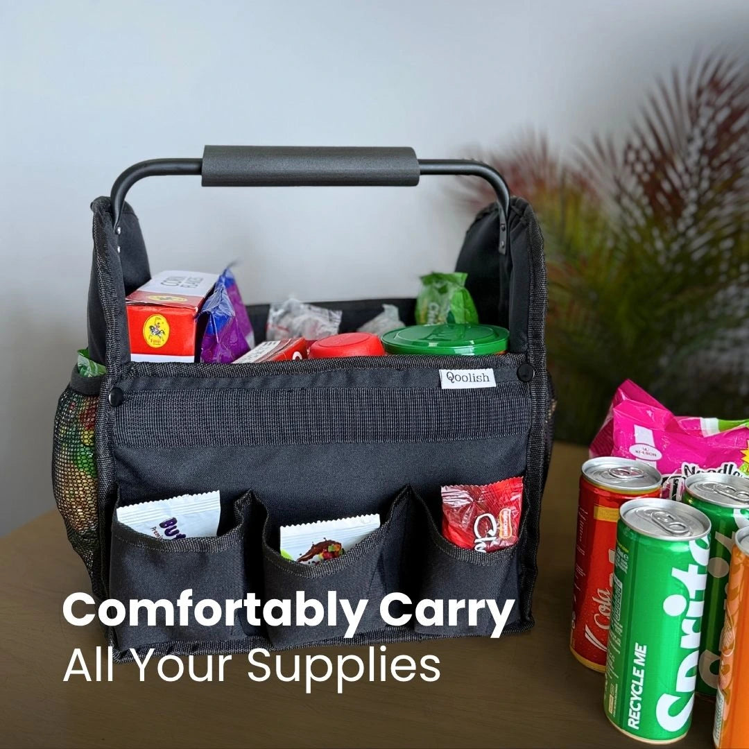 Qoolish black carry-all car caddy with reinforced structure and mesh storage