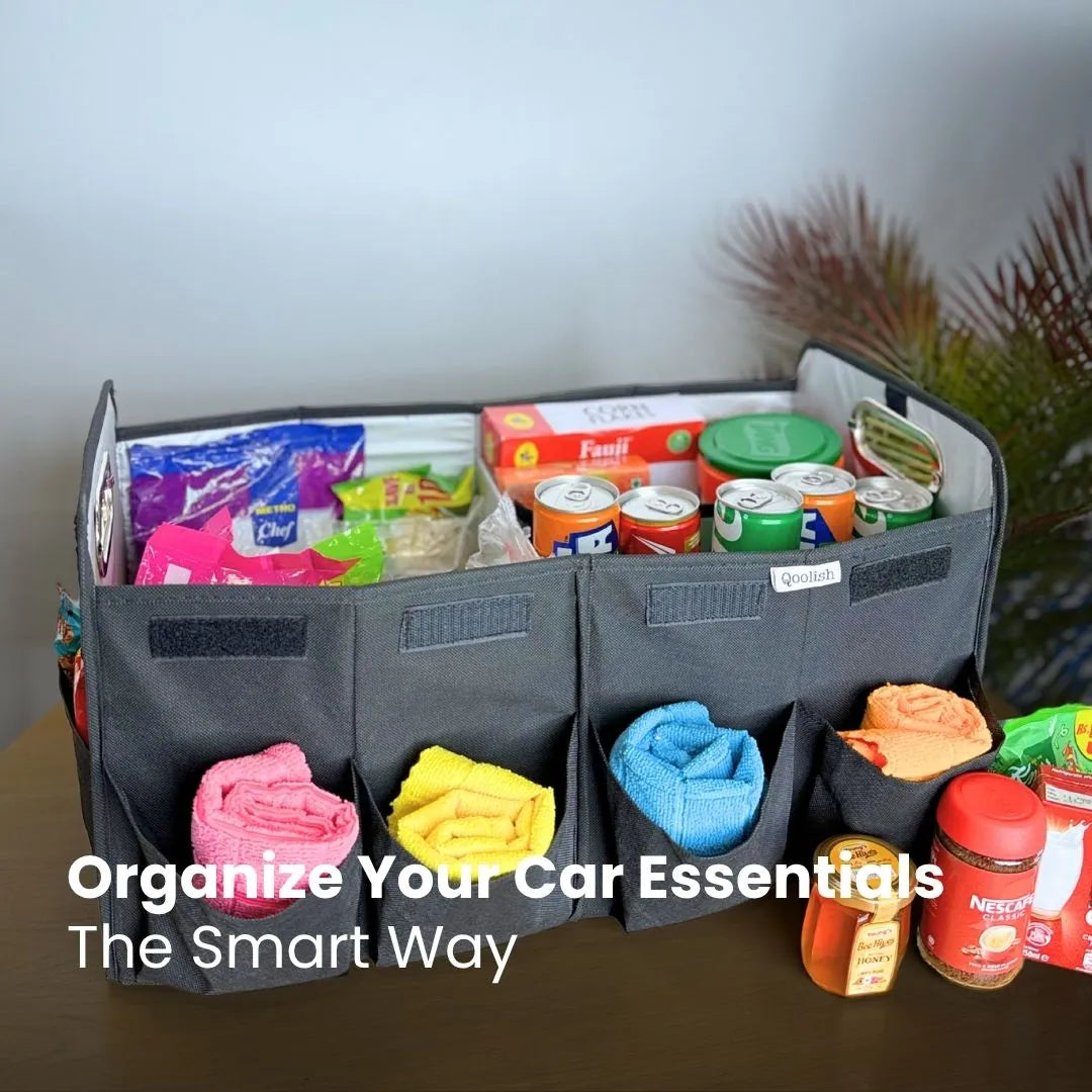 Portable black car trunk caddy with deep pockets for organized driving experience