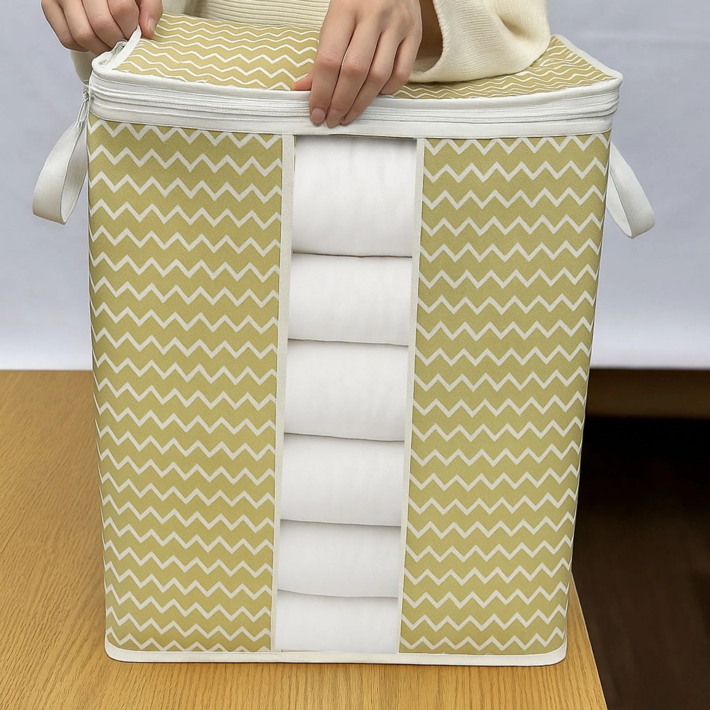 White Qoolish organizer bag placed neatly inside a wardrobe for storage