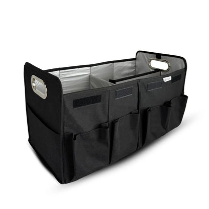 Black foldable trunk organizer with multiple compartments for car storage by Qoolish