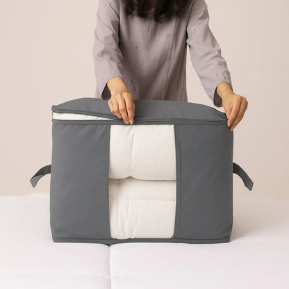 Fabric storage bag for seasonal clothes used as stylish room organizer