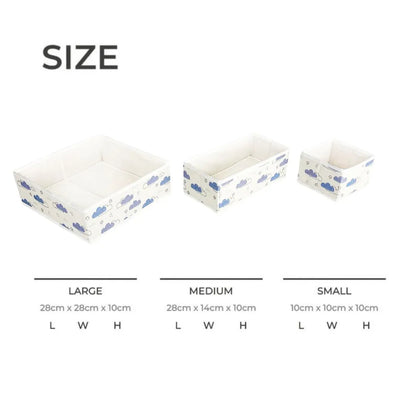 Foldable clothes storage bins for nursery drawers and baby accessories.