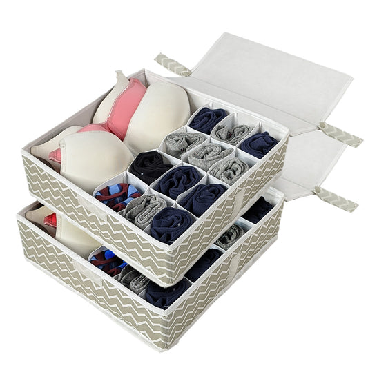 Qoolish Pack of 2 Undergarments White Stripes Organizer Box with Lid : Stylishly Sort Your Space!