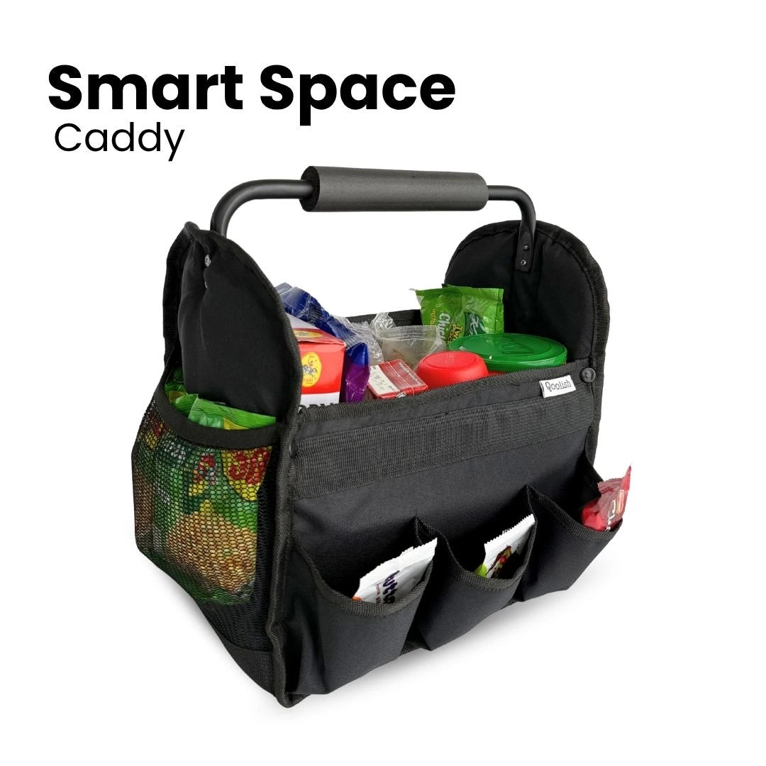 Qoolish car utility caddy with multiple compartments and durable fabric