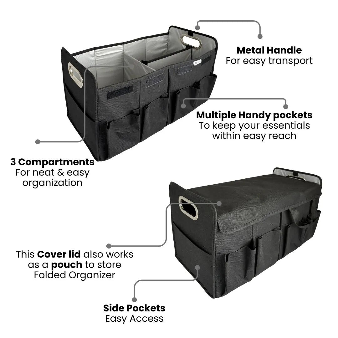 Heavy-duty foldable trunk organizer for tools, groceries, and car essentials