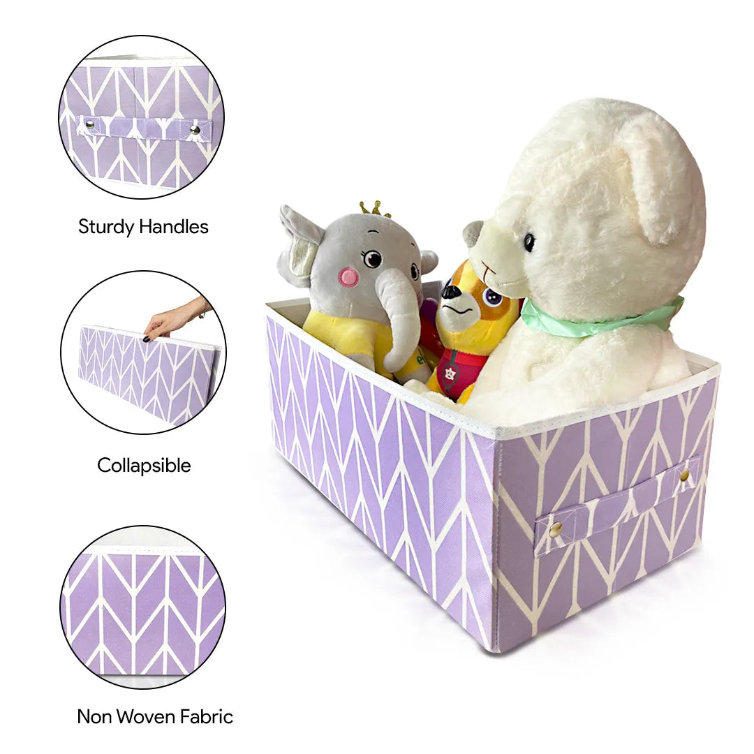 Stylish lilac fabric storage box with zipper closure and side handles, ideal for daily clothes and home organization.

