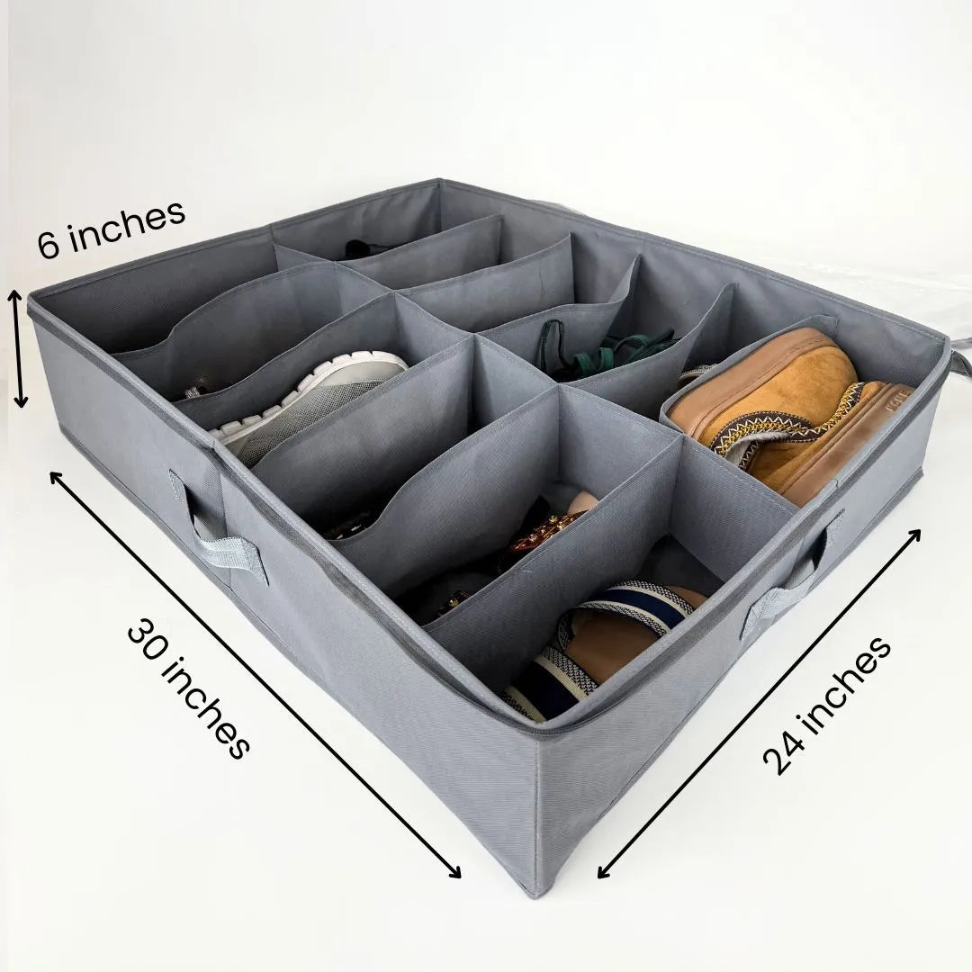 Grey fabric underbed shoe organizer by Qoolish, ideal for home organization.

