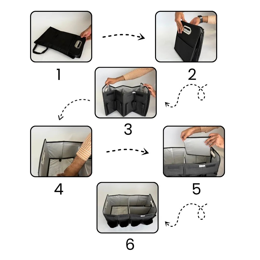 Foldable utility organizer for car accessories, cleaning kits, and more