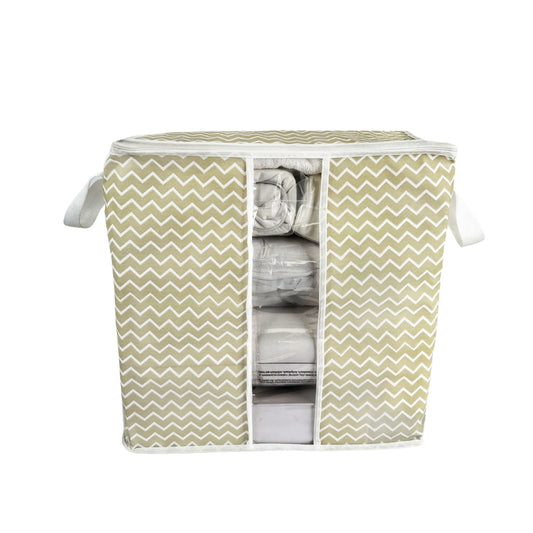 Striped large storage bag with zipper, handles, and transparent front — perfect for quilts, clothes, and underbed storage in Pakistani homes.