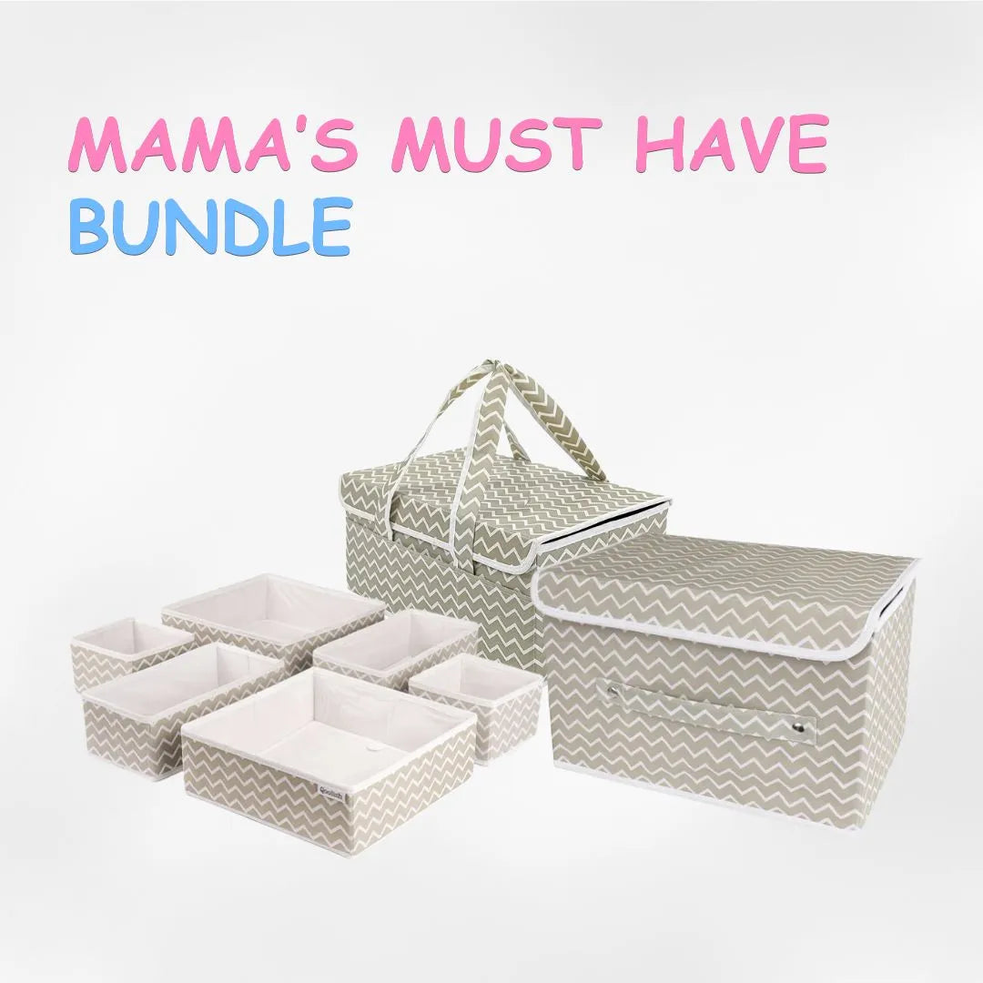 Stylish white stripe organizer bundle with diaper caddy, baby drawer organizer and storage boxes