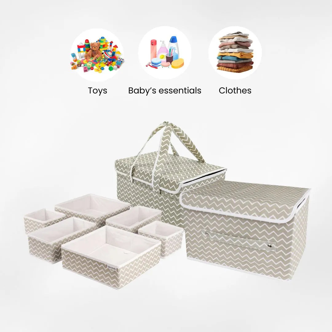 White striped baby bundle with storage organizers for toys, diapers and clothes