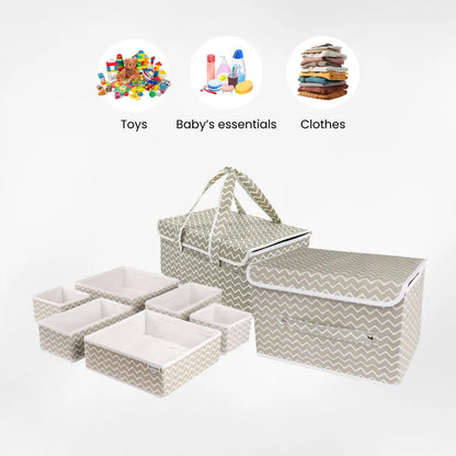 White striped baby bundle with storage organizers for toys, diapers and clothes