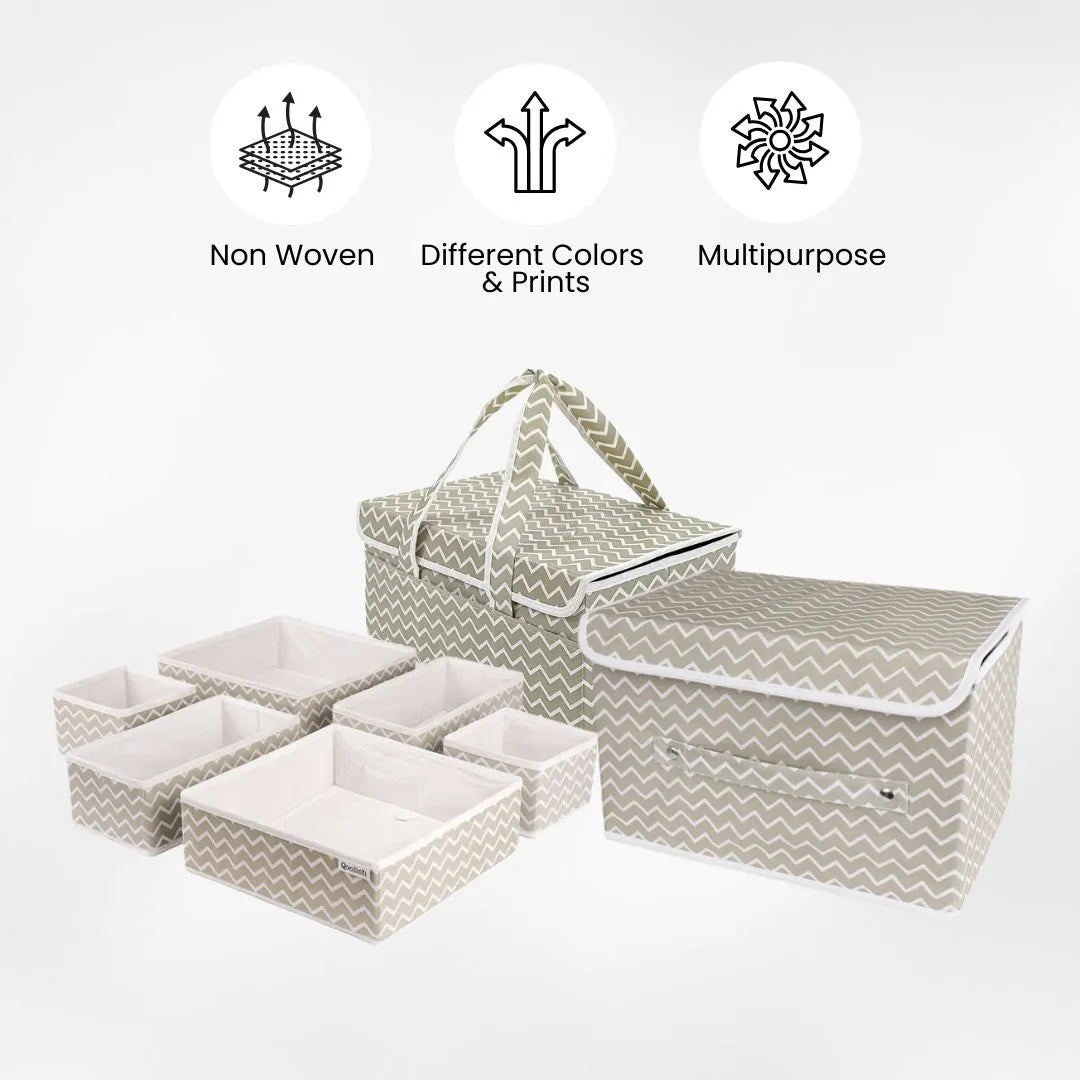 White zigzag diaper bag bundle with baby drawer organizer and storage box for nursery use